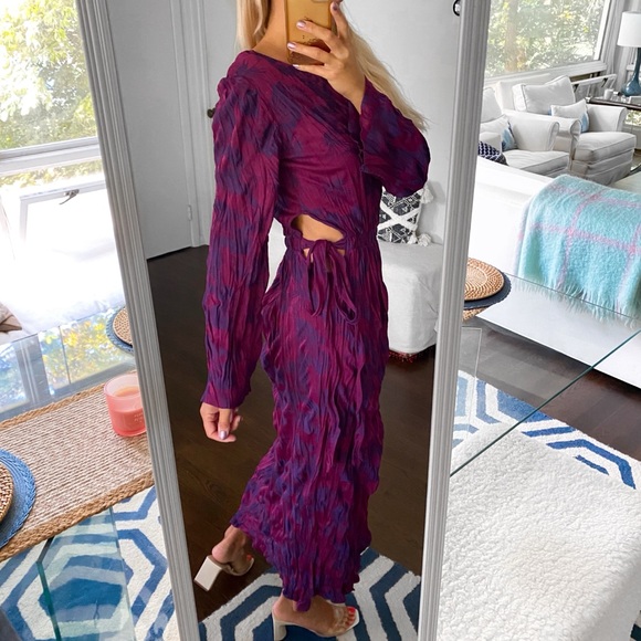 💜 ZARA BOHO PURPLE PINK JACQUARD LONG SLEEVE SIDE TIE MAXI DRESS! - Picture 4 of 16